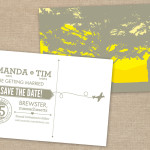 Typographic gray and yellow wedding save the date postcard