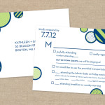 Navy and lime modern wedding RSVP postcard