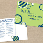 Navy blue and lime green modern wedding save the date postcard