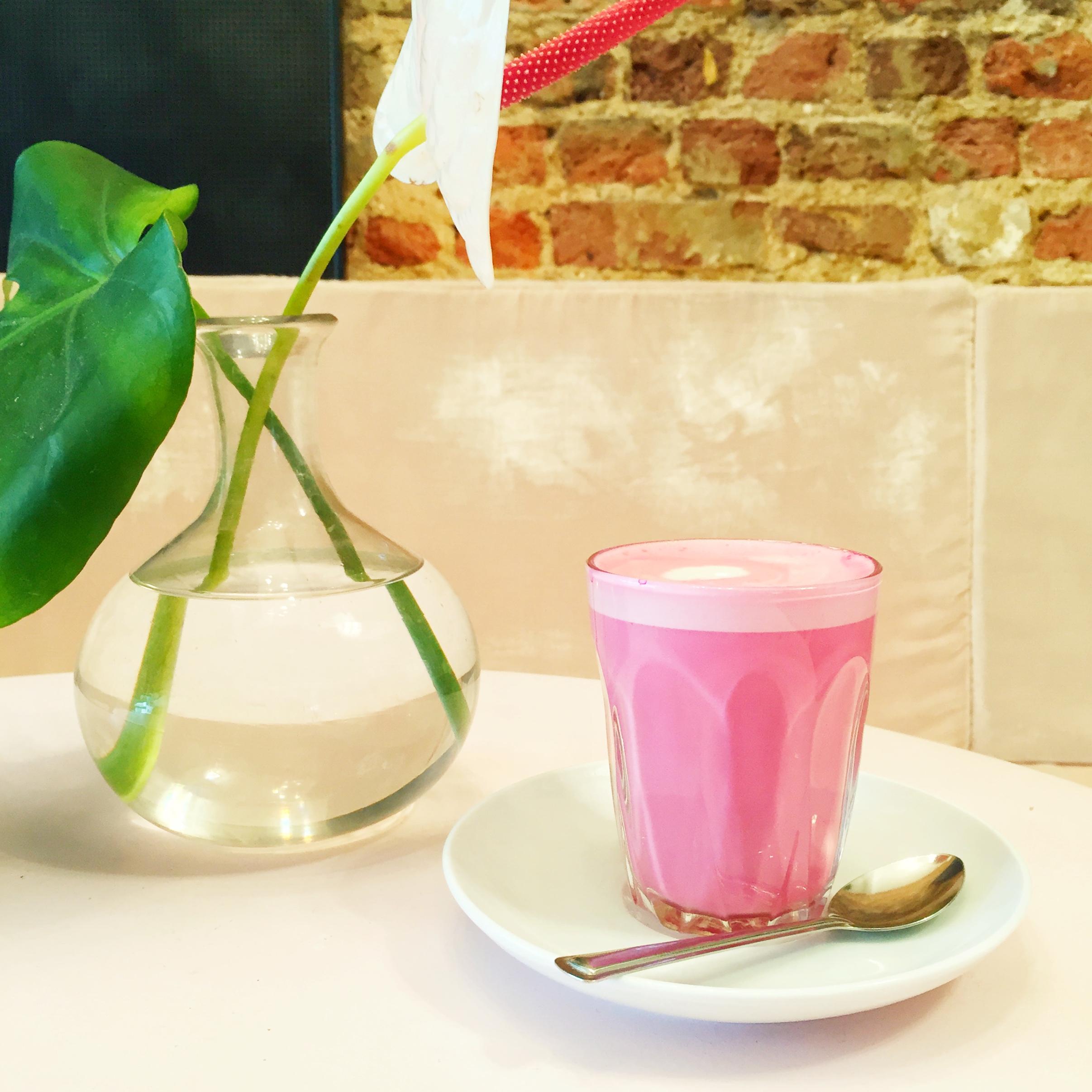 Pink drink! A beet root almond milk latte served at Palm Vault in London.