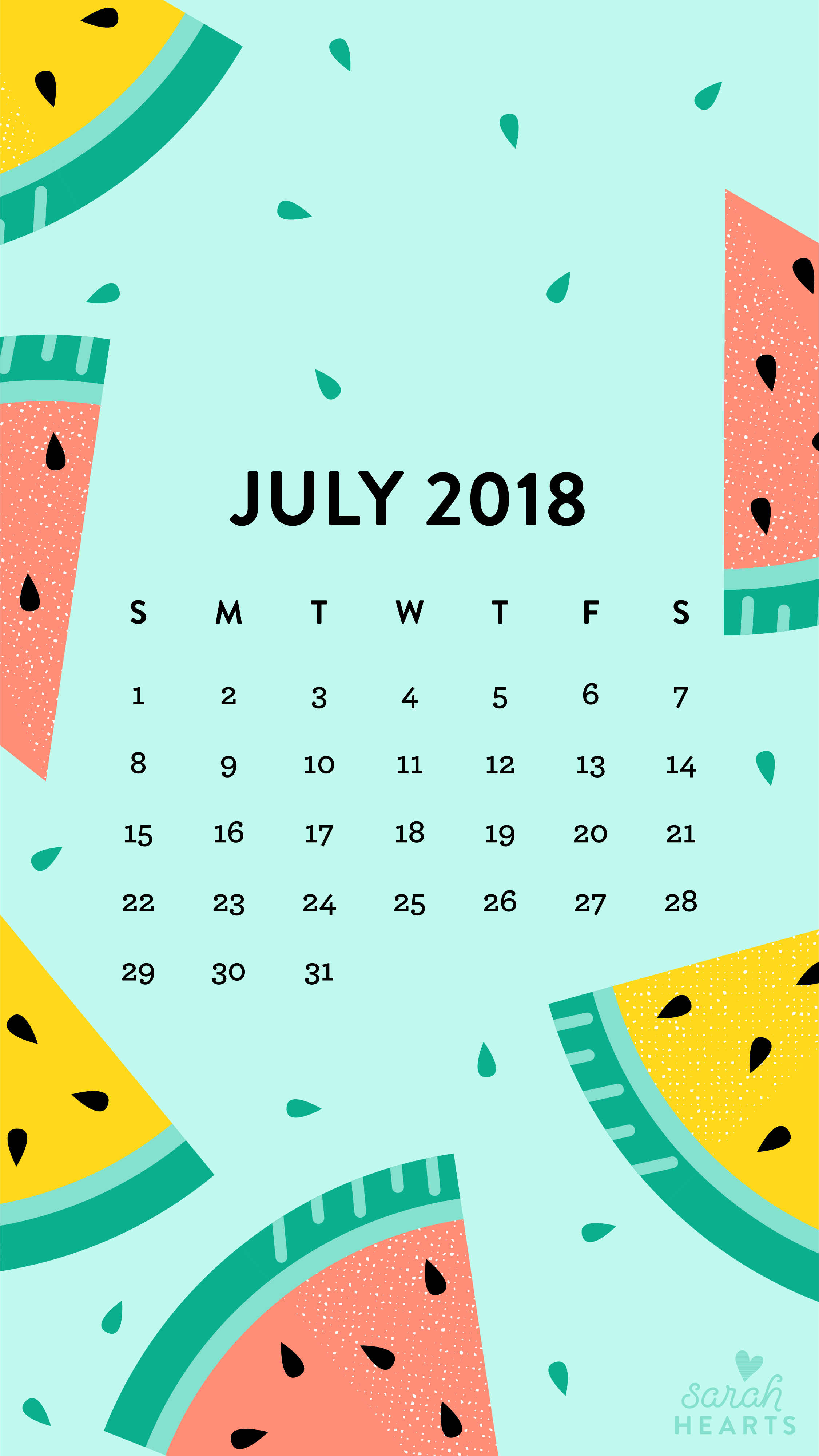 July 2018 Watermelon Calendar Wallpaper - Sarah Hearts