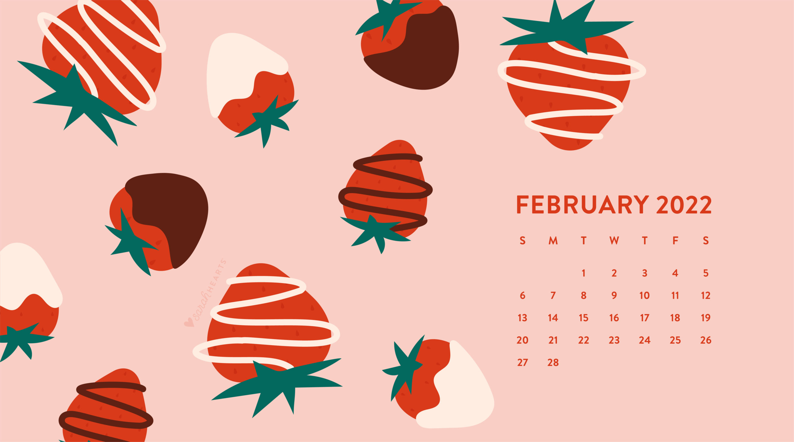 Computer Desktop Calendar 2022 February 2022 Chocolate Dipped Strawberry Calendar Wallpaper - Sarah Hearts