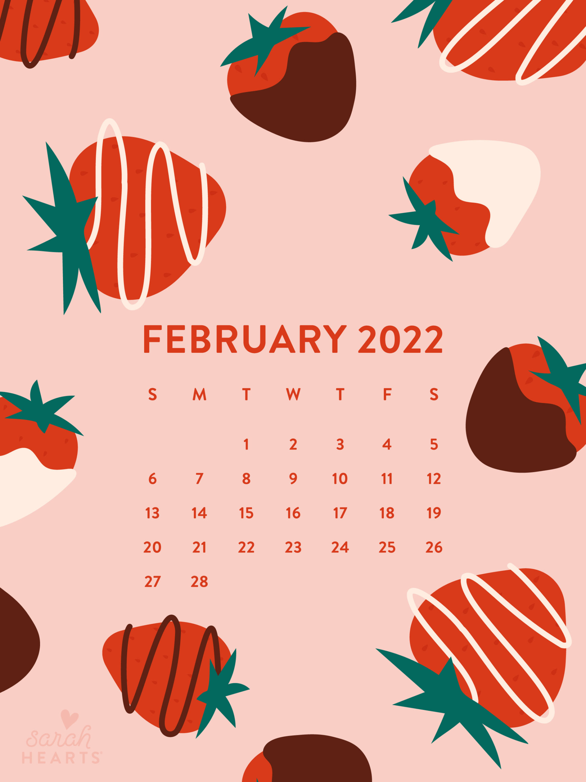 February 2022 Wallpaper Calendar February 2022 Chocolate Dipped Strawberry Calendar Wallpaper - Sarah Hearts
